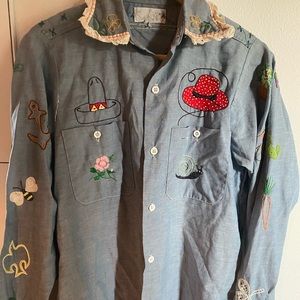 Vintage denim chambray embroidered owl shirt M